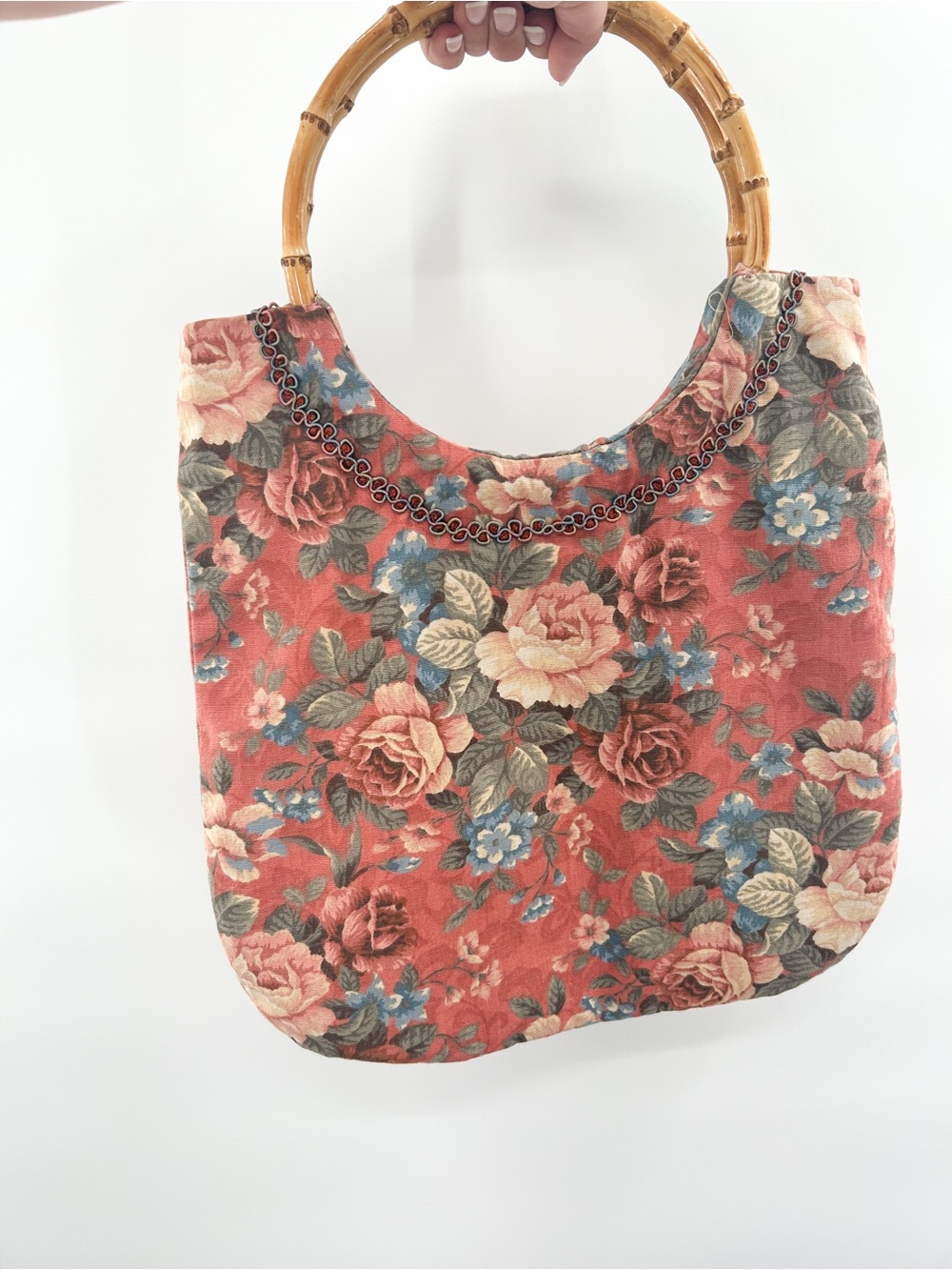 Vintage Floral Cottagecore Tapestry Bag with Bamboo Handles